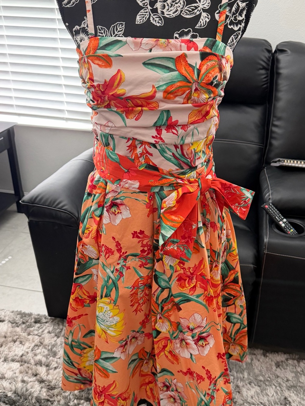 White House Black Market Orange/Cream Smocked Floral Dress w/removable straps - Picture 3 of 12